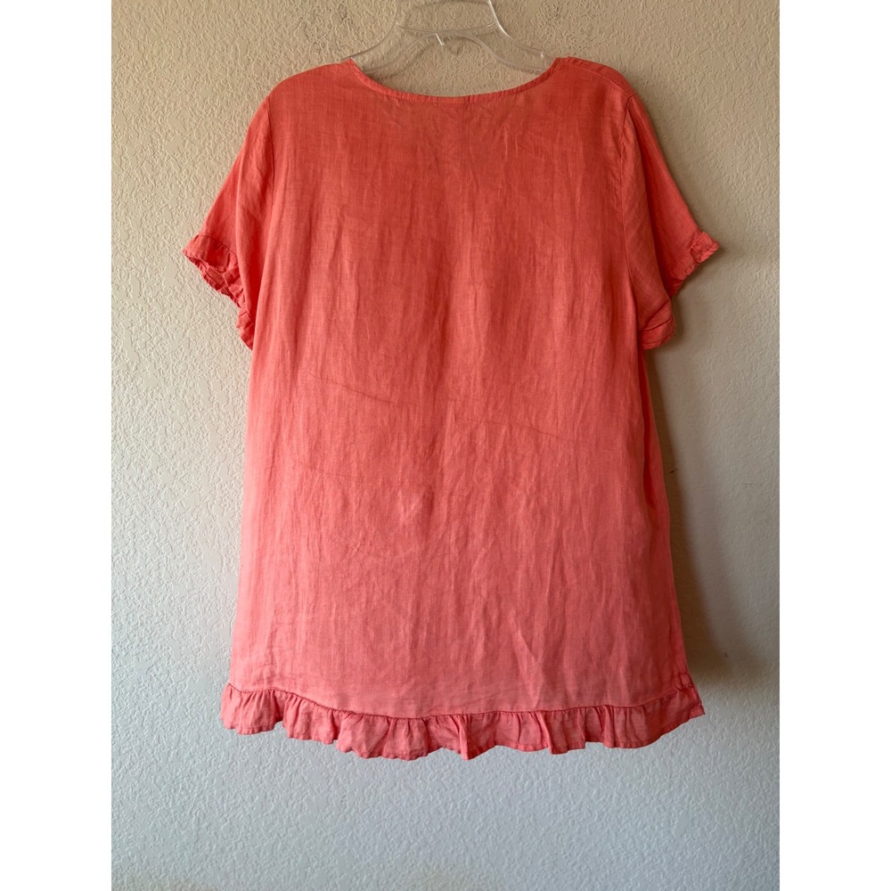 Match Point Coral Linen Ruffle Hem V-Neck Tunic Top HLT413 Made in USA Small - Picture 5 of 7